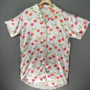 Emotions Womens Pajama Top Floral Button Up Short Sleeve Size M Sleepwear